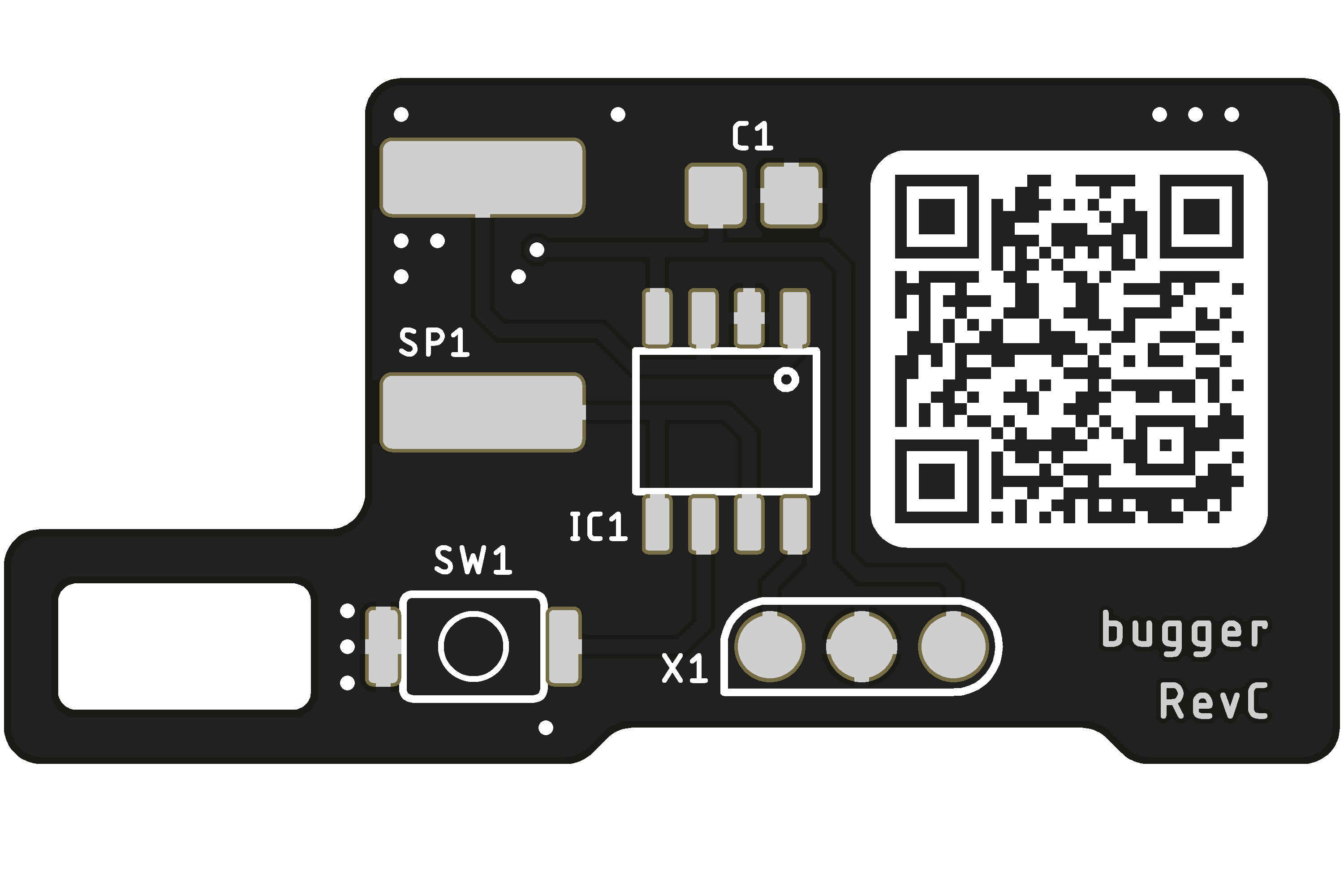 Bugger PCB - top view showing components and QR code